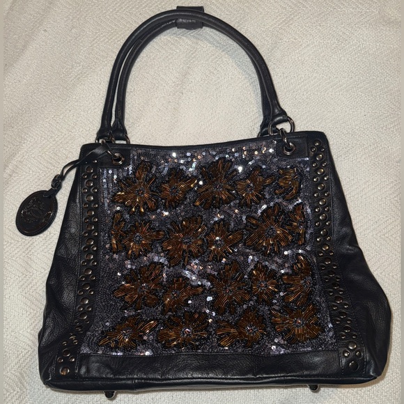 Original by Sharif Tote Leather Bag Beaded Brown Double Handle Large NWOT - Picture 1 of 12